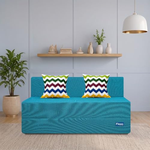 Image of Starlon 3 Seater Sofa Cum Bed Foldable 3-in-1 Sofa Bed with 1 Year Warranty, Washable Jute Fabric Cover & 2 Waves Pillows | Aqua Teal 5x6 Ft