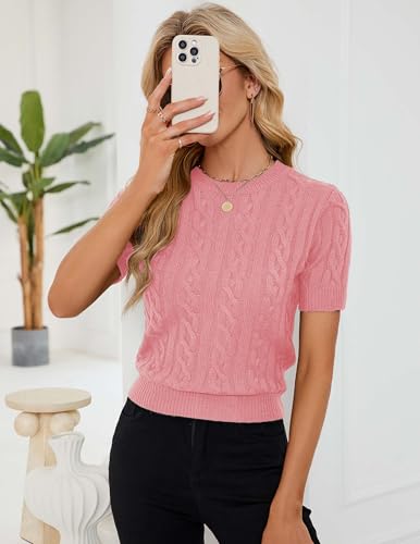 Image of Libsorge Womens Cropped Short Sleeve Sweater Fall 2025 Crewneck Sheer Knit Tops - Lightweight, Thin, Crop, Slim Fit