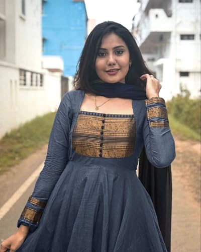Image of Chanderi Cotton Anarkali Dress Set with Jacquard Weaving and Zari Border, Traditional Indian Ethnic Wear Gown for Weddings, Festivals, and Special Occasions