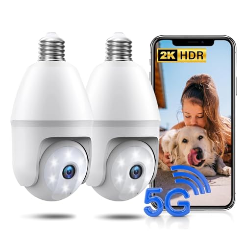 Image of Light Bulb Security Camera 2 Packs, 5G&2.4GHz 2K Security Cameras Wireless Outdoor 360 PTZ Cameras for Home Security with Color Night Vision, 2 Way Talk, AI Human Detection, Screw in Light Socket