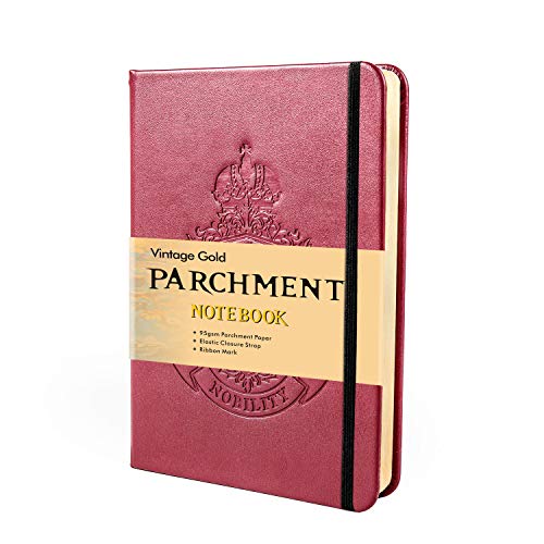 shemist Blank Hardcover Executive Notebooks, Natural Parchment Paper, Acid-Free and Lignin-Free Material Allows for Paper to be Archived, Leather Journal with Elastic Closure, (5 x 7 Inches) (Red)