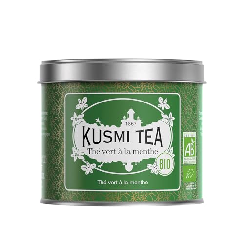 Kusmi Tea - Vert à la Menthe Bio - Mélange Biologique de Thé Vert Gunpowder et Menthe Poivrée - Thé Vert Aromatisé - À Déguster Chaud ou en Thé Glacé - Boîte en Métal 100g, pour environ 50 Tasses