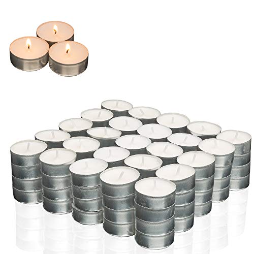 Candelo 100er Set Teelichter unbeduftet – 3,5 x 1,8cm je Teelicht – 4 Stunden Brenndauer – Kerzen Teelichte in Weiß ohne Duft – Aluminium Hülle., 9.99