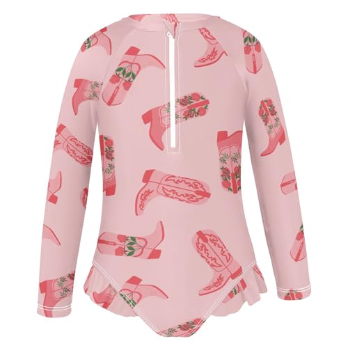 QUGRL Long Sleeve One Piece Ruffle Swimsuit for Girls Size 5-6 Cowgirl Boots Pink Girl Rashguard Shirt Floral Bathing Suit with UPF 50+ Sun Protection2