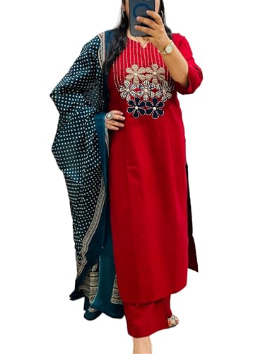 Image of BHARVITA Women's Cotton Embroidered Anarkali Kurta and Palazzo with Dupatta Set | A-line fit
