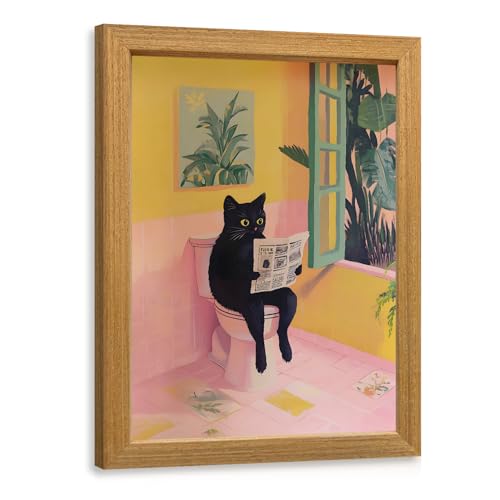 Cyebmo Funny Bathroom Wall Art Cute Black Cat Sitting on Toilet Reading Newspaper Wall Decor Whimsical Pink Abstract Animal Canvas Artwork for Bathroom Kids Restroom Bedroom Wood Framed 8x10 Inch