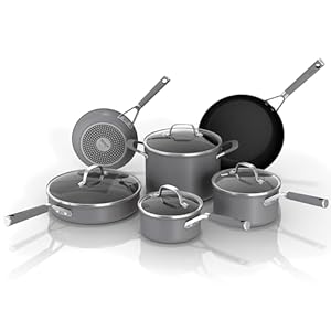 Ninja NeverStick Comfort Grip 10-Piece Cookware Set, Fry Pan, Saucepan, Stock Pot with Lid, Nonstick, Durable, Scratch Resistant, Dishwasher Safe, Oven Safe to 400°F, Easy Clean, Grey, CW69010