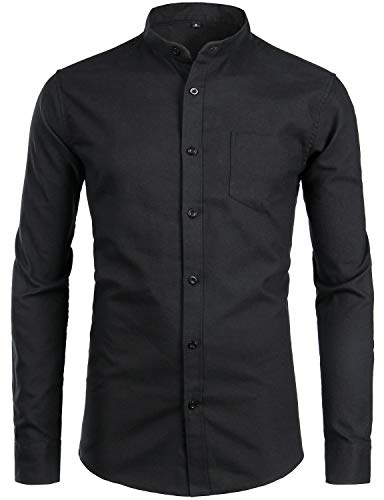 ZEROYAA Men's Hipster Mandarin Collar Long Sleeve Button Up Oxford Shirts with Chest Pocket