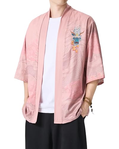 Image of PRIJOUHE Men's Japanese Kimono Cardigan Jackets Casual Long Sleeve Open Front Coat Lightweight Yukata Outwear