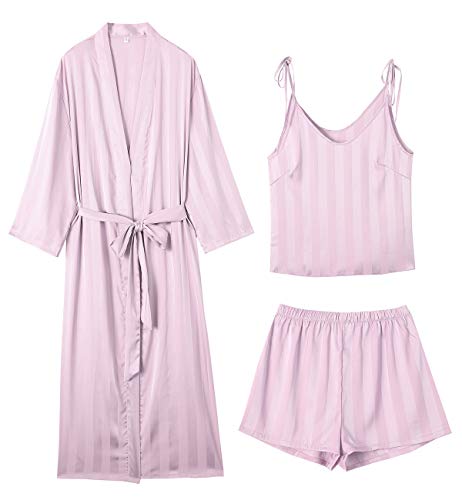 Escalier Women's 3pcs Silk Satin Pajama Set Cami Shorts Set with Robe Sleepwear Robe Sets Pink
