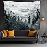 QGHOT Misty Forest Tapestry, Nature Mountain Tapestry Wall Hanging Black and White Grey Cool Landscape Wall Art for Mens Bedroom Living Room Decor 78.7L x 104W