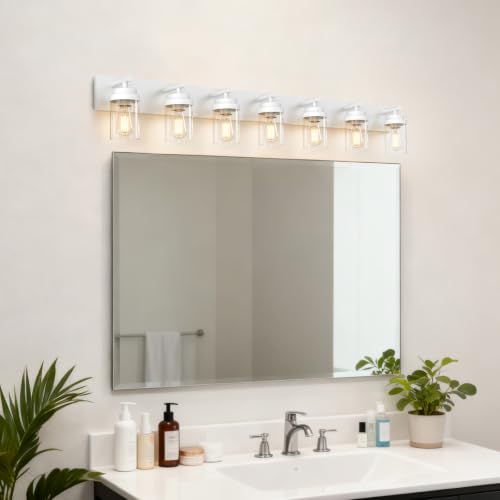 Image of IZORRO Bathroom Light Fixture White, Clear Glass Shade 52-Inch 7-Light | Bathroom Light Fixtures Over Mirror, Modern Farmhouse Vanity Lights, Rustic Restroom Lighting Fixtures