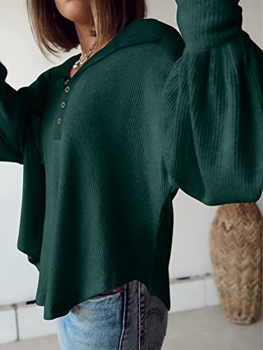 BTFBM Womens Fall Fashion 2026 Long Sleeve Shirts Casual V Neck Ribbed Knit Blouses Pullover Trendy Loose Fit Tunic Tops(Turndown Dark Green, Large) — view 3