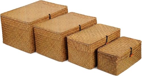 Lot de 4 Panier de Rangement en Osier Tressé,Panier Rotin Osier Couvercle Naturel BoîTe de Rangement en Tressé Avec Couvercle Organiseur de Maquillage pour...