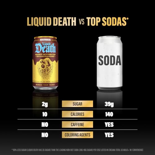 Image of Liquid Death Soda-Flavored Sparkling Water - Feastables Peanut Butter Cup, Less Sugar*, Huge Flavor, No Caffeine, No Artificial Sweeteners, 12 Fl Oz (Pack of 12)