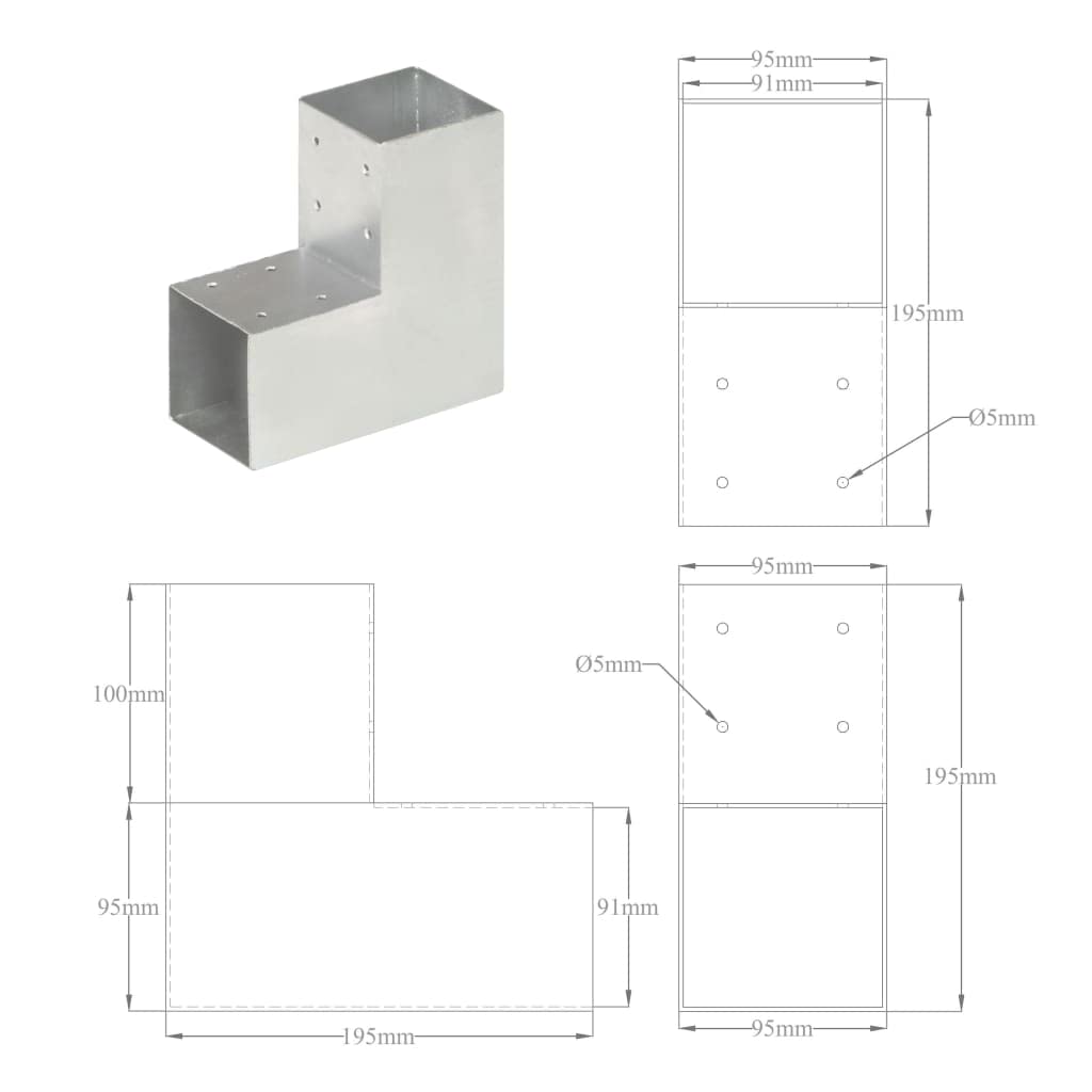 L-Form Pfostenverbinder 4 Stk 91 x 91 mm Verzinktes Metall | Galvanisch verzinkt, vorgebohrt, für quadratische Holzbalken, Außenbauten wie Pavillons