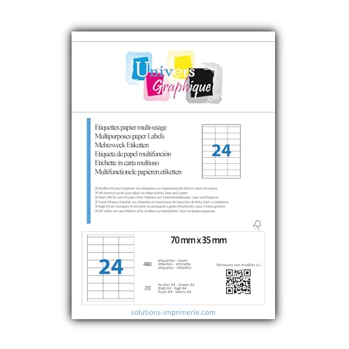 480 etiquettes 70 x 35 mm - 20 feuilles A4-24 étiquettes autocollante par par planche A4 pour...