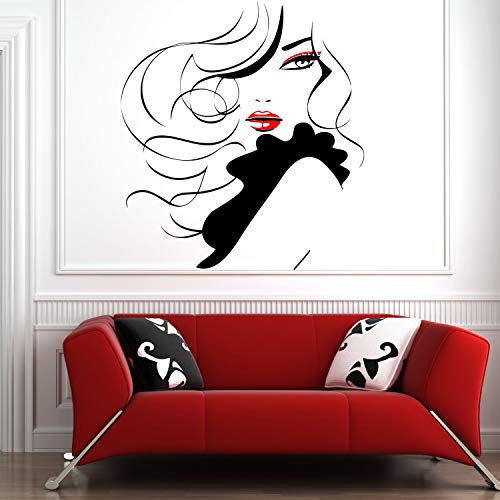 Dxling Sexy Girl Beauty Long Hair Face Makeup Salon Wall Stickers Home Decor Living Room Removable Vinyl Barbershop Wall Decal A536 (Black Girl+Red Lips-Small Size) #TOP20