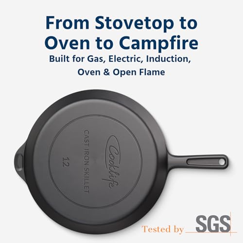 Image of COOKLIFE 12 Inch Lightweight Pre-Seasoned Cast Iron Skillets - Smooth Polished Surface, Easy to Clean Cast Iron Pan Use in the Oven, on the Stove or Grill, Over a Campfire