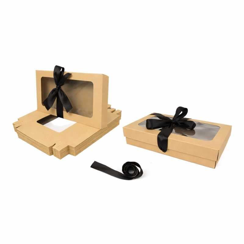 Emartbuy Pack of 96 Brown Gift Boxes with Clear Window Lid & Black Satin Ribbon - Large Wide 29.5 x 22 x 4.5 cm - Recyclable Kraft Presentation Box for Hampers, Treats, Weddings & Favours