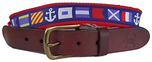 Mens Nautical Flag Ribbon on Navy Leather Belt, Leather Tab and Buckle, Nautical Leather Belt2