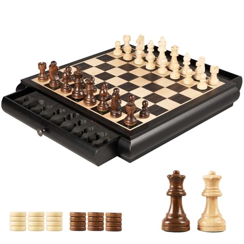 Juego de mesa madera ajedrez y damas con tablero 15.5" miniatura 1