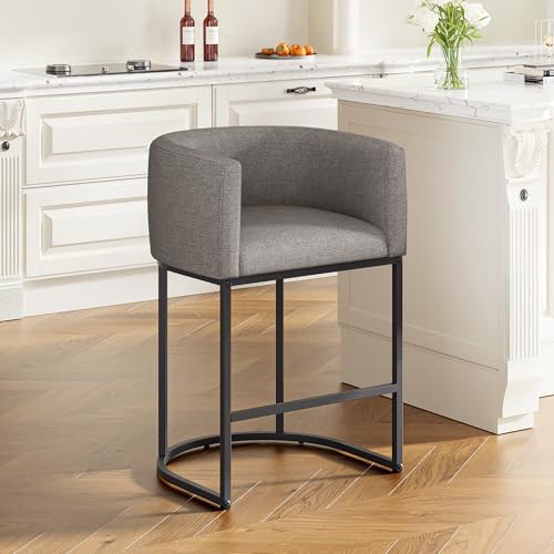 Image of 26 inch H Counter Height Bar Stools Set of 1, Modern Barrel Counter Stools with Backrest and Arms, Linen Fabric Upholstered Accent Barstools for Kitchen Island,Support 450 LBS (Gray)