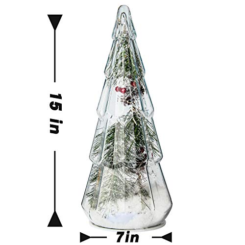 Costyleen 2Pcs Christmas Ornaments Set, 15In Tower Shaped Glass Xmas Tree Artificial Snow Decoration With Led Lights, Home Table Decor Festive Gift #TOP5