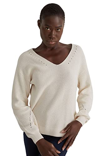 C&A Damen Pullover V-Ausschnitt Viskose|Baumwolle Unifarben cremeweiß L