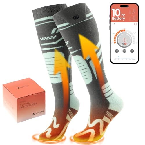SURGOAL Merino Wool Heated Socks, 7.4V Rechargeable Battery Up to 10-Hour, APP-Controlled Electric Ski Socks for Men Women, Snowboarding, Hunting, Camping (Grey&Yellow)