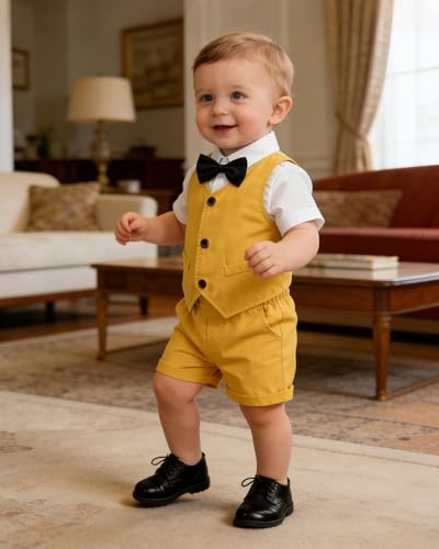 Image of SANGTREE Baby Boy Suit Wedding Ring Bearer Outfits Vest Short Sleeve Bowtie Shirt Suspender Summer Gentleman Shorts Sets