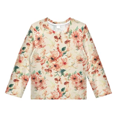 DOMIKING Dahlia Flower Leaves Beige Boys Long Sleeve Rashguard Shirt Kids Quick Dry Swim Shirt for Kids Toddler 9-10T