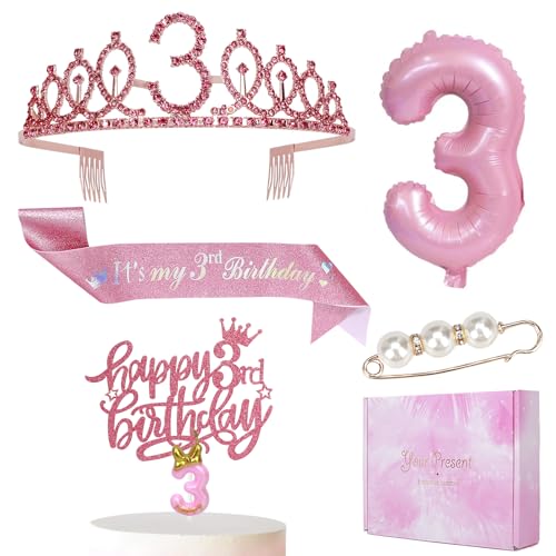 3th Pink Birthday Decorations for Girls - Includes Sash,Tiara , Number 3 Balloon, Candle & Cake Topper, 3-Year-Old Girl Birthday Party Favors & Gifts