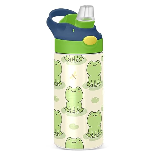 Cute Frog Kids Water Bottle with Straw and Carry Handle Lotus Leaves Vacuum Insulated Stainless Steel Bottles 12 oz Green Lid Leak-Proof for Boys Girls Toddler 4-8 Years Old