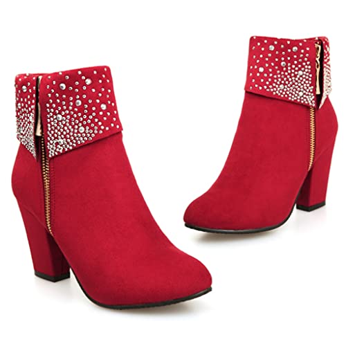 MIOKE Women's Chunky Block High Heel Ankle Boots Rhinestone Round Toe Suede Zipper Bootie Dress Short Boots3
