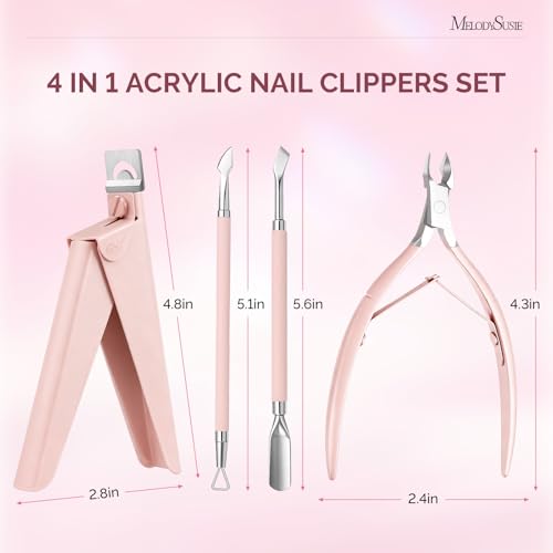 Image of Melodysusie 4 in 1 Acrylic Nail Clippers Set, Adjustable Stainless Steel Nail Clippers for Acrylic Nails Tips, with Cuticle Nipper Cuticle Pusher Remover for Home Salon, Light Pink