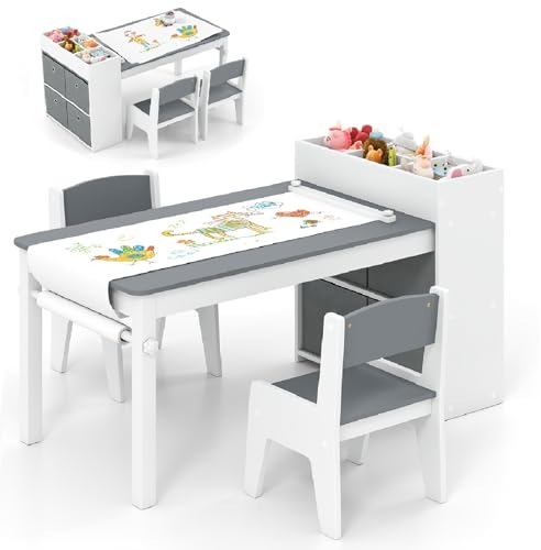 INFANS Kids Art Table and Chair Set, Toddler Craft Play Wood Activity Desk with Paper Roll 2 Chairs Storage Canvas Bins for Writing Drawing, Children...