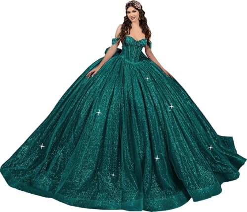 Fuomomo Vestidos de quinceañera con Brillo Lazo abullonados Cuentas Hombros Descubiertos Elegantes Vestidos de 16 años MT056