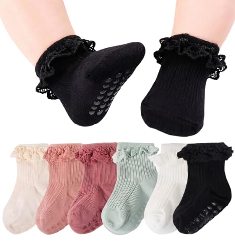 Dioxay Baby Girl Ruffle Socks with Grips - 6 Pairs Non Slip Frilly Lace Ankle Socks for Newborn Infants Toddlers Church 6-12 Months