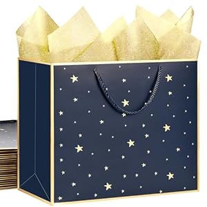 SHIPKEY Paquete de 12 bolsas de regalo azul marino con marco dorado, bolsas de papel grandes de 12.5 x 4 x 11 pulgadas con asas de cinta, bolsas de regalo de estrellas