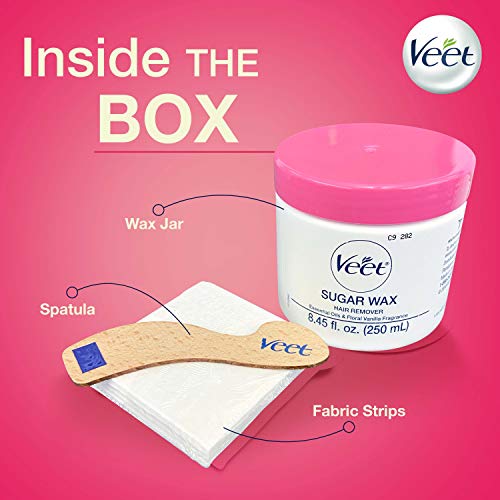 VEET Sugar Wax Hair Remover - Perfect for First Time Waxers - Contains 12 Fabric Strips & 1 Spatula with a Temperature Indicator