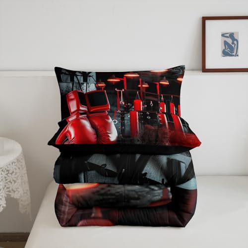 Image of Feelyou Boxing Bedding Set Sports Theme Comforter Set for Kids Boys Girls Men Red Boxing Gloves Pattern Comforter Pugilism Games Vintage Decor Quilt Set with 2 Pillowcases 3Pcs Bedding Queen