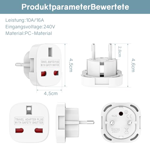 VIEVRE 2 Stück Adapter UK auf DE, Travel Adapter England Deutschland Stecker, Reisestecker Typ G Steckdose, Steckdosenadapter England für EU zu England/Schottland/Irland/Dubai/Maldives, Weiß