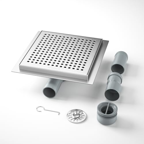 Bernkot Duschrinne Quadrat Edelstahl, 20×20cm Bodenablauf Dusche mit 360° Siphon Geruchsstop und Haarfilter,2 Ablaufadapter DN50 DN40 Duschablauf Flach Ablaufrinne, Silber