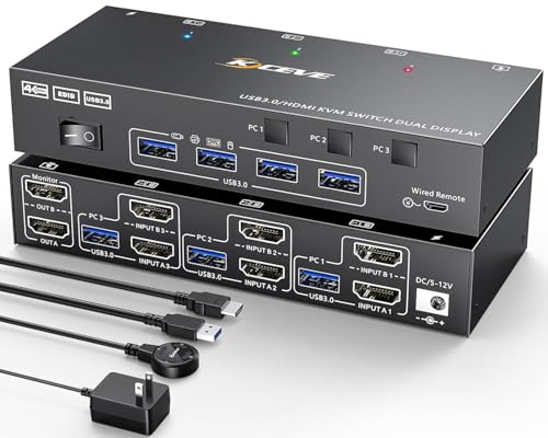 HDMI KVM Switch 2 Monitors 3 Computers 4K@60Hz, 𝐄𝐃𝐈𝐃 𝐬𝐢𝐦𝐮𝐥𝐚𝐭𝐢𝐨𝐧, Dual Monitor KVM Switch for 3 Computers Share 2 Monitor and Keyboard Mouse Printer, Wired Remote and 5 Cables Included