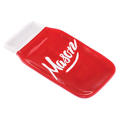 Red Mason Jar Ceramic Spoon Rest for Stove Top - Stylish Cooking Spoon Holder for Kitchen Counter - Home Vintage Red Utensil Rest - Cute Ladle Holder & Kitchen Decor - Dishwasher & Microwave Safe