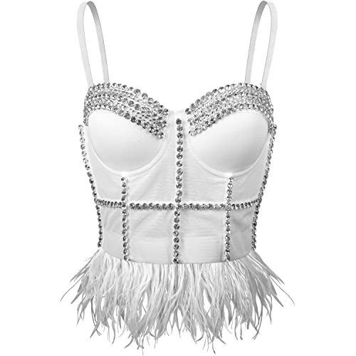 Vijiv Women's Rhinestone Bustier Crop Top Goth Punk Push Up Fashion Corset Tops Bra With Feather White Us Size 4 #TOP2