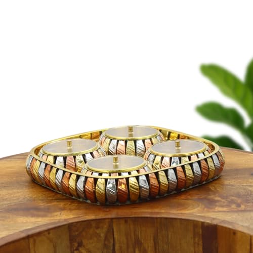 Image of INTERNATIONAL GIFT Aluminium 4-Jar Dry Fruit Set with Acrylic Lids & Tray - Tri-Tone Mukhwas & Candy Server in Velvet Gift Box for Premium Gifting