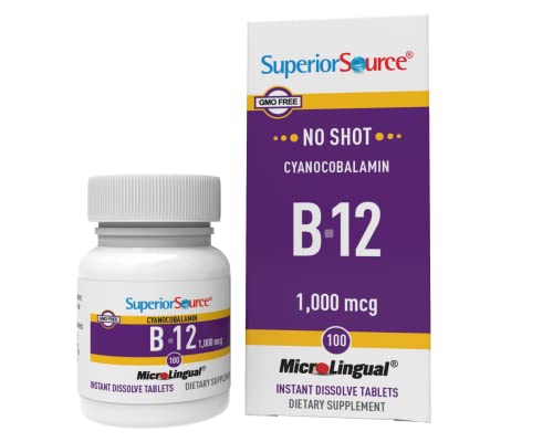 Superior Source No Shot Vitamin B12 Cyanocobalamin 1000 mcg, Quick Dissolve MicroLingual Tablets 100 Count, B12 Supplement to Increase Metabolism and Energy Production, Nervous System Support, Non-GMO