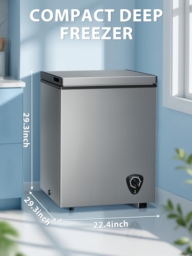 Image of Small Deep Freezer with Removable Basket, 3.5 Cu.ft Chest Freezer Top Door Open, 7 Grade Temperature Control Ideal for Kitchen Apartment Office, Light grey